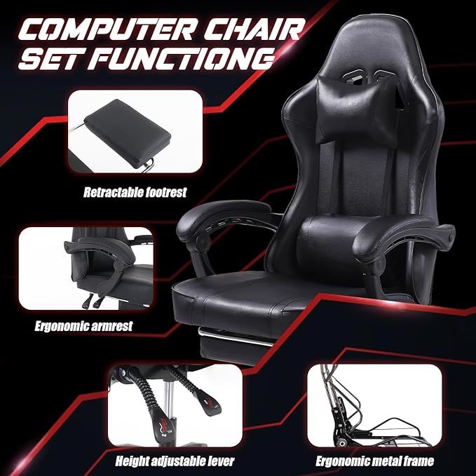 Video Game Chairs for Adults, PU Leather Gaming Chair with Footrest, 360°Swivel Adjustable Lumbar Pillow Gamer Chair, Comfortable Computer Chair for Heavy People - Mountain Lakes Mall