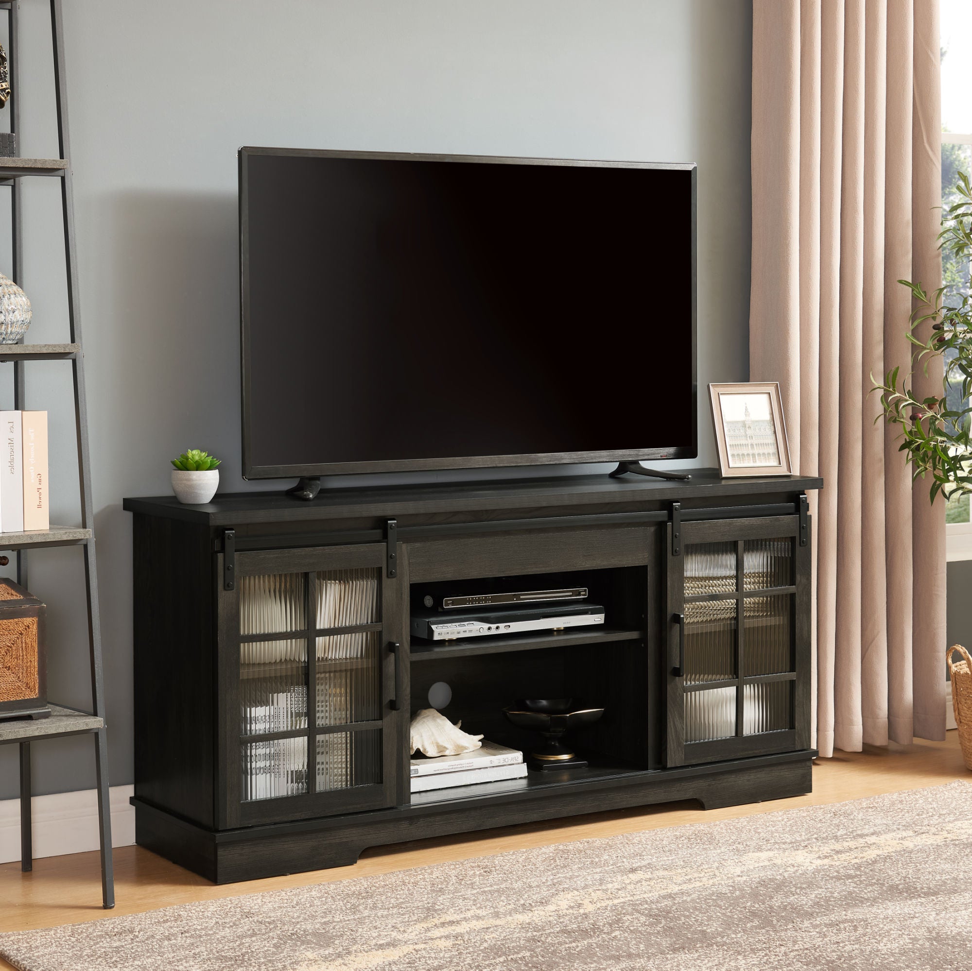 Multipurpose Sliding Door TV Stand Large Storage Cabinet with 2 Sliding Fluted Glass Tempered Doors, TV Up to 65'', TV Desk Storage Rack, Charcoal GREY, 59.13"W*15.94"D*27.8"H - Mountain Lakes Mall