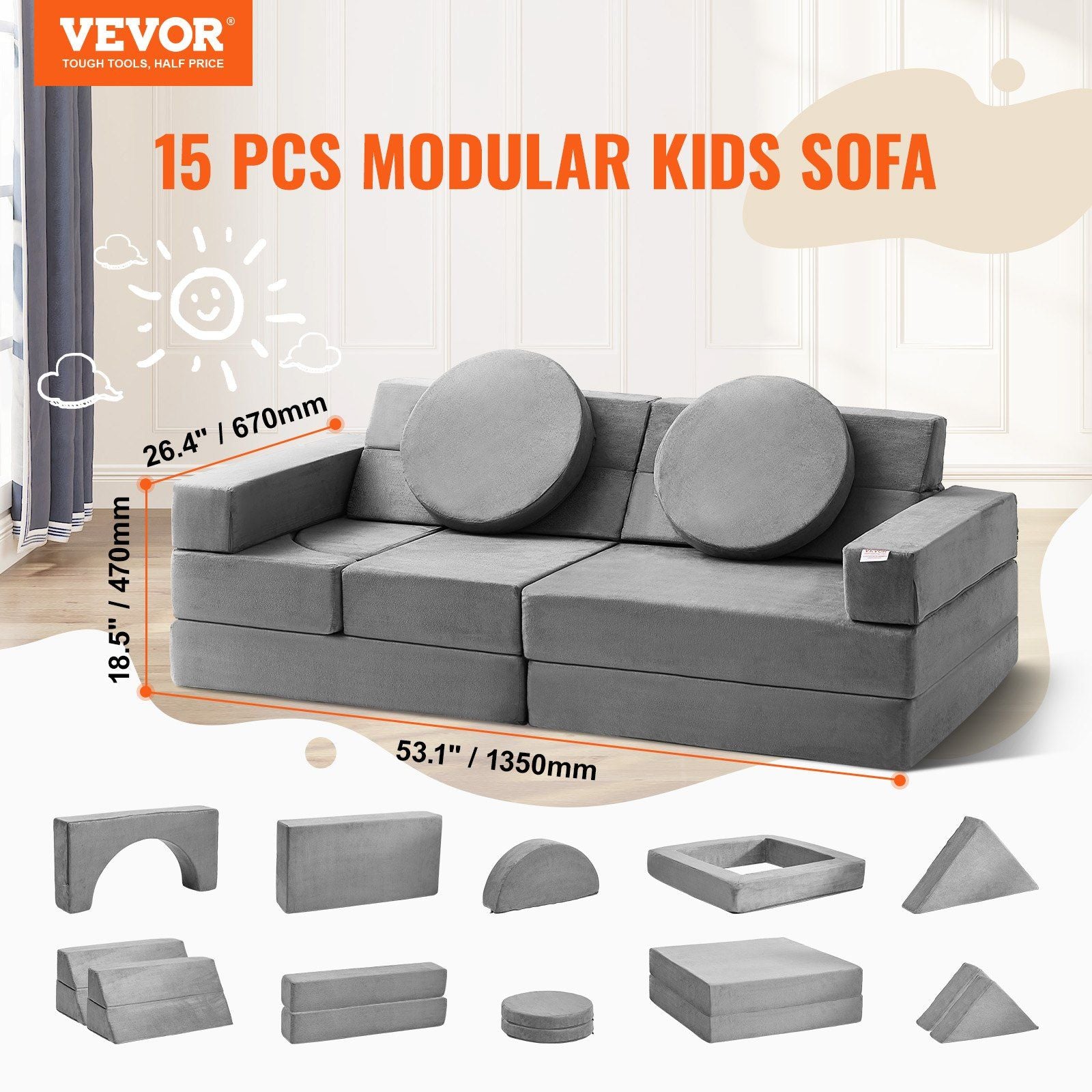 VEVOR Play Couch, Modular Kids Nugget Couch 15pcs, Toddler Foam Sofa Couch with High-density 25D Sponge for Playing, Creating, Sleeping, Imaginative Kids Furniture for Bedroom and Playroom