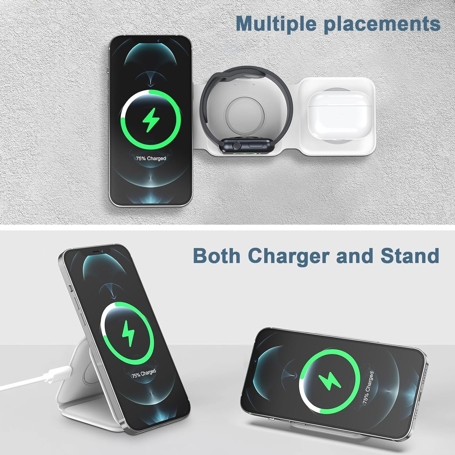 3 in-1 Wireless Charging Pad Magnetic Foldable Charger Station Fast Travel Charger for Multiple Devices Adapt with Phone, Watch Series, Pods 3/2(Adapter not Included) - Mountain Lakes Mall