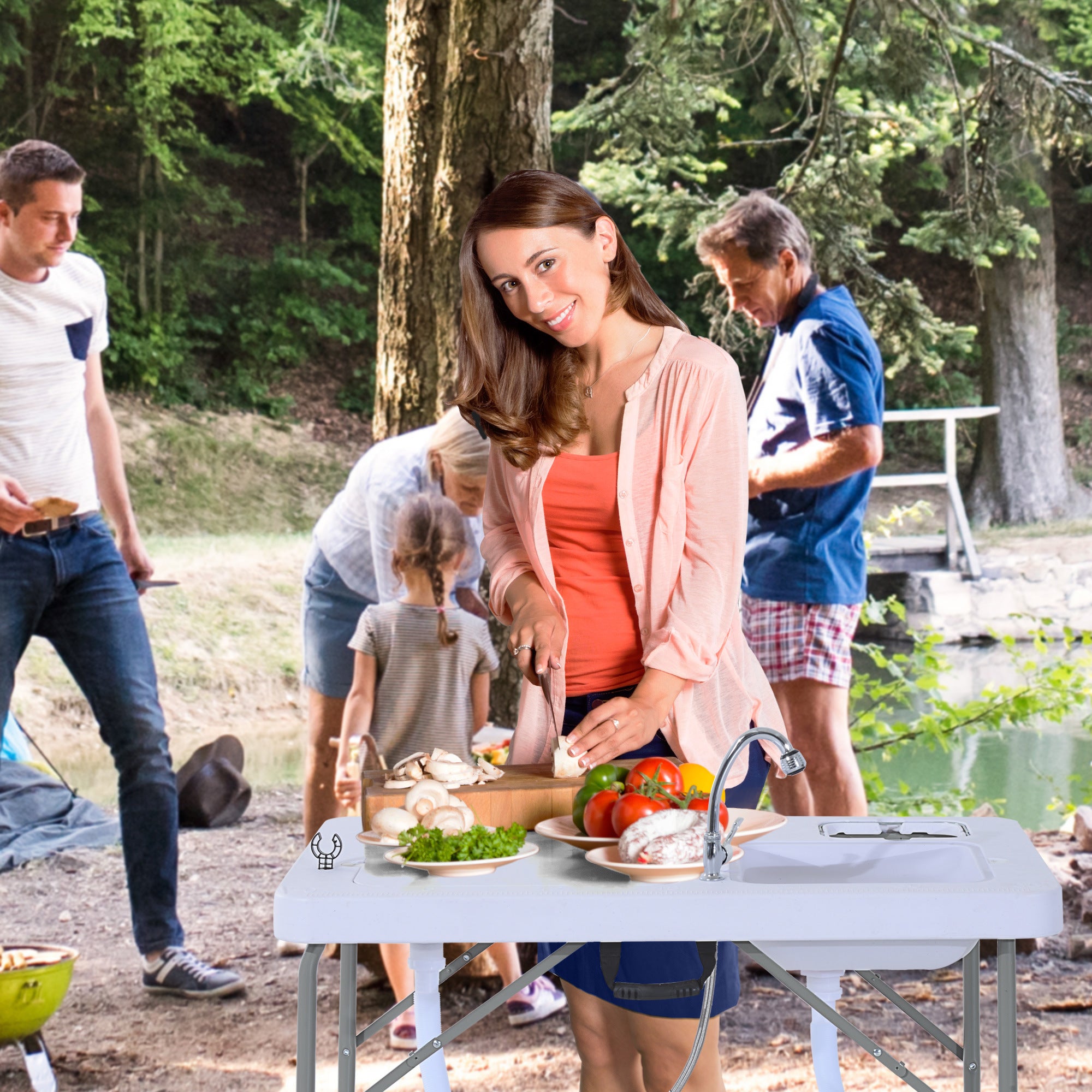 Outsunny Folding Camping Table with Faucet and Dual Water Basins, Outdoor Fish Table Sink Station, for Picnic, Fishing, 40'' - Mountain Lakes Mall