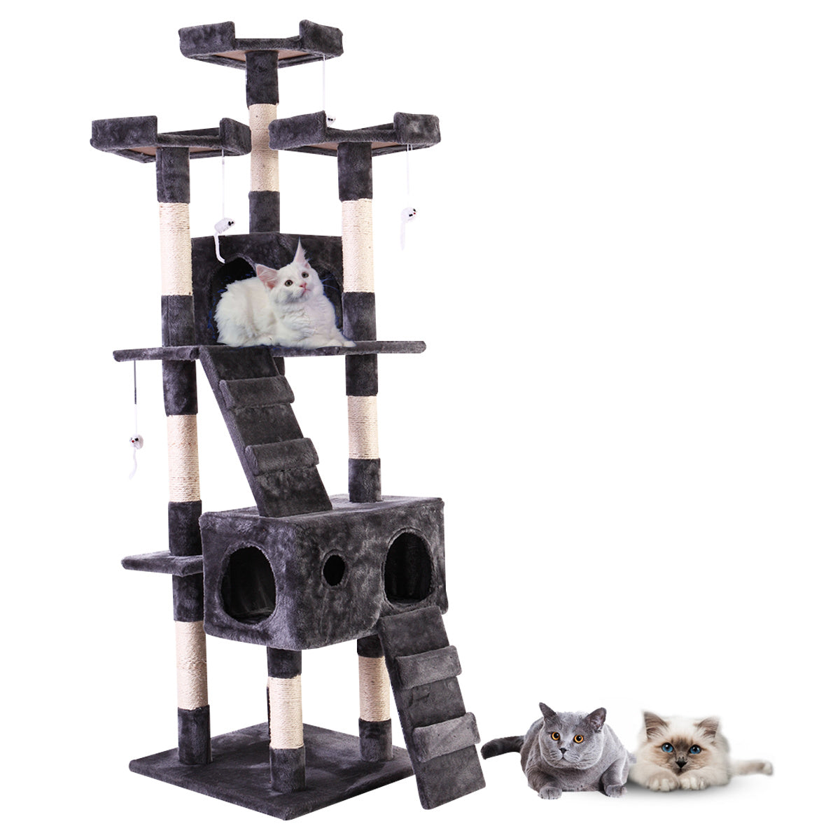 67'' Multi-Level Cat Tree Tower, Kitten Condo House with Scratching Posts, Kitty Play Activity Center, Gray XH - Mountain Lakes Mall