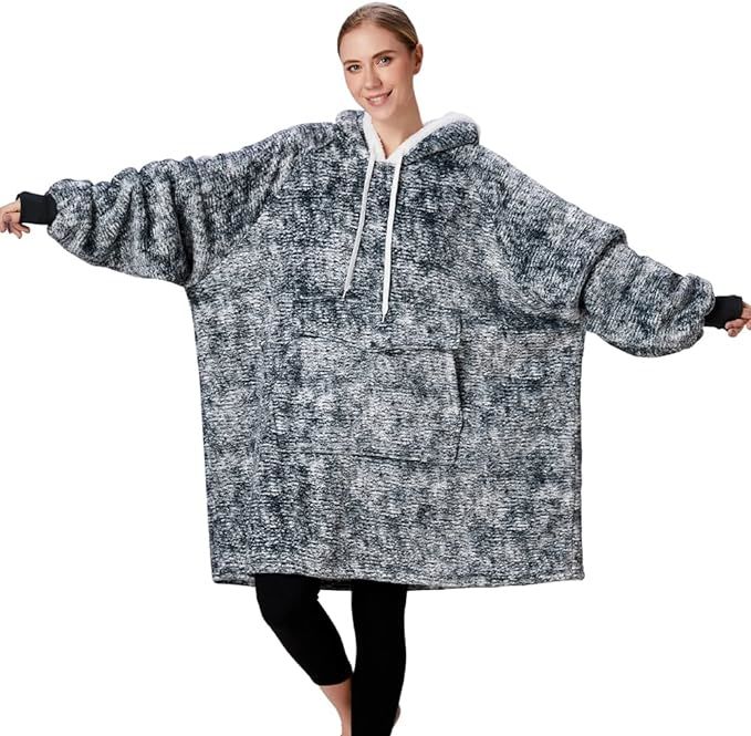 Qeils Oversized Wearable Blanket Hoodie, Comfy Sherpa Sweatshirt Pullover Jacket (Large Pocket, Heather DarkGrey, Adult) - Mountain Lakes Mall