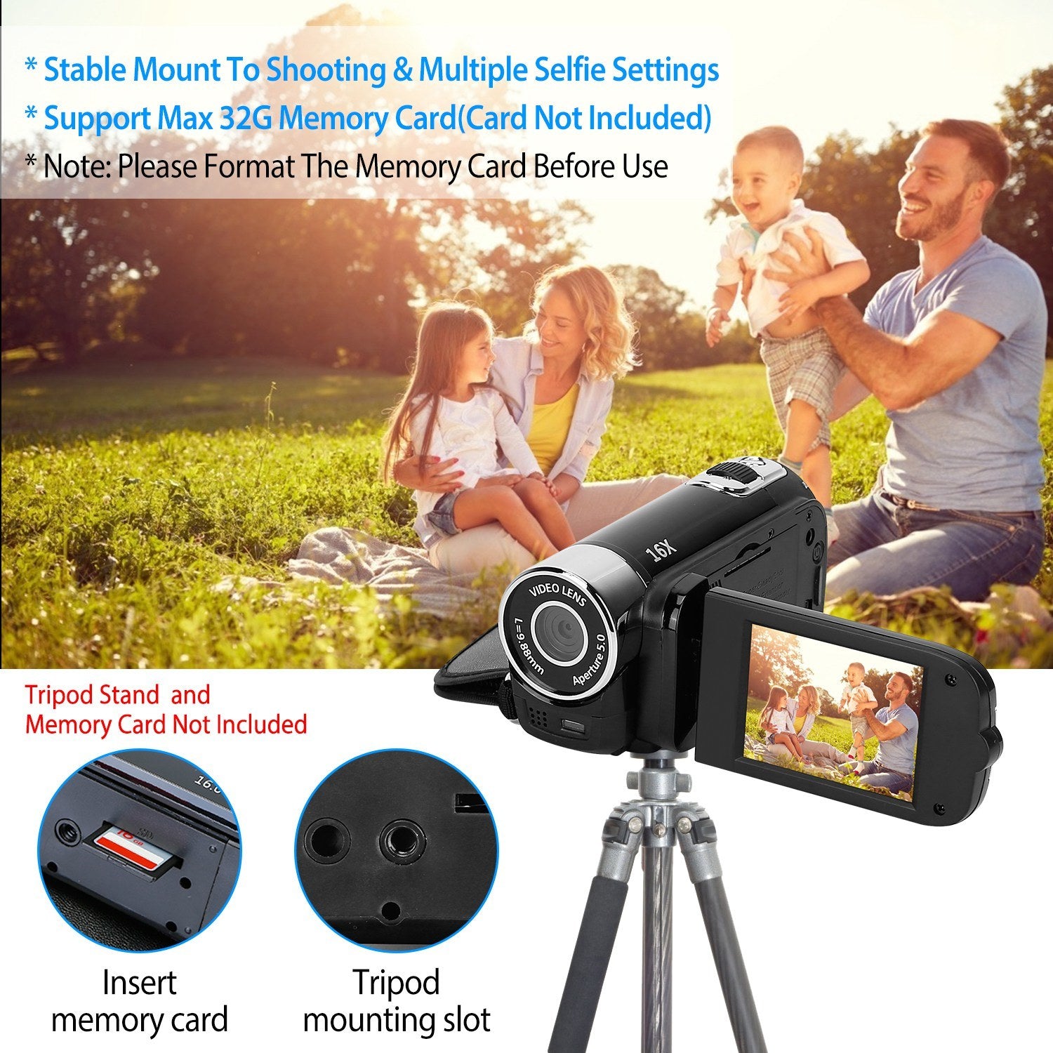 HD 1080P Digital Video Camcorder 2.7in 16X Zoom DV Camera 270° Rotation Rechargeable Kid Camera w/Fill Light Selfie - Mountain Lakes Mall