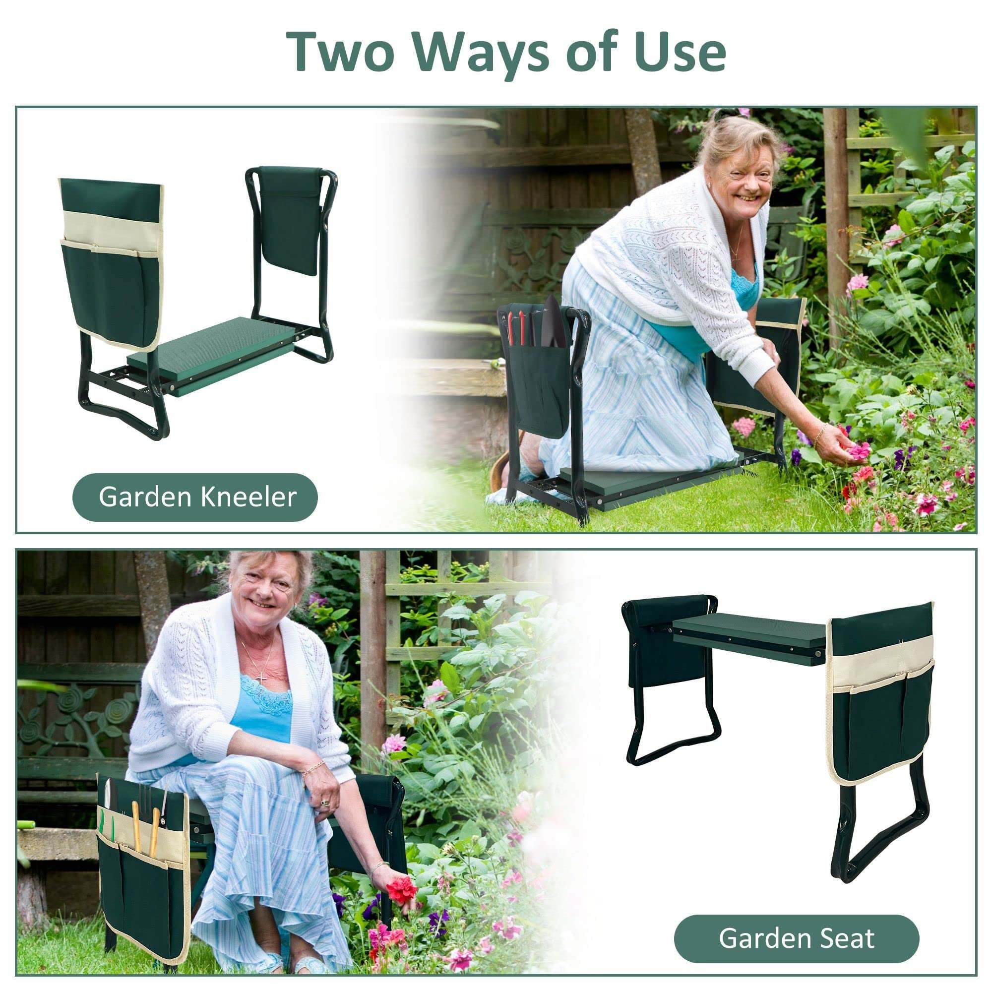 Foldable Garden Kneeler and Seat Gardening Bench with Two Tool Pouches and 6"/8" Widen Soft Kneeling Pad - Mountain Lakes Mall