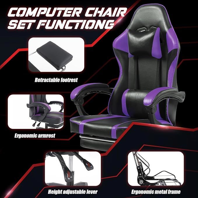 Video Game Chairs for Adults, PU Leather Gaming Chair with Footrest, 360°Swivel Adjustable Lumbar Pillow Gamer Chair, Comfortable Computer Chair for Heavy People - Mountain Lakes Mall