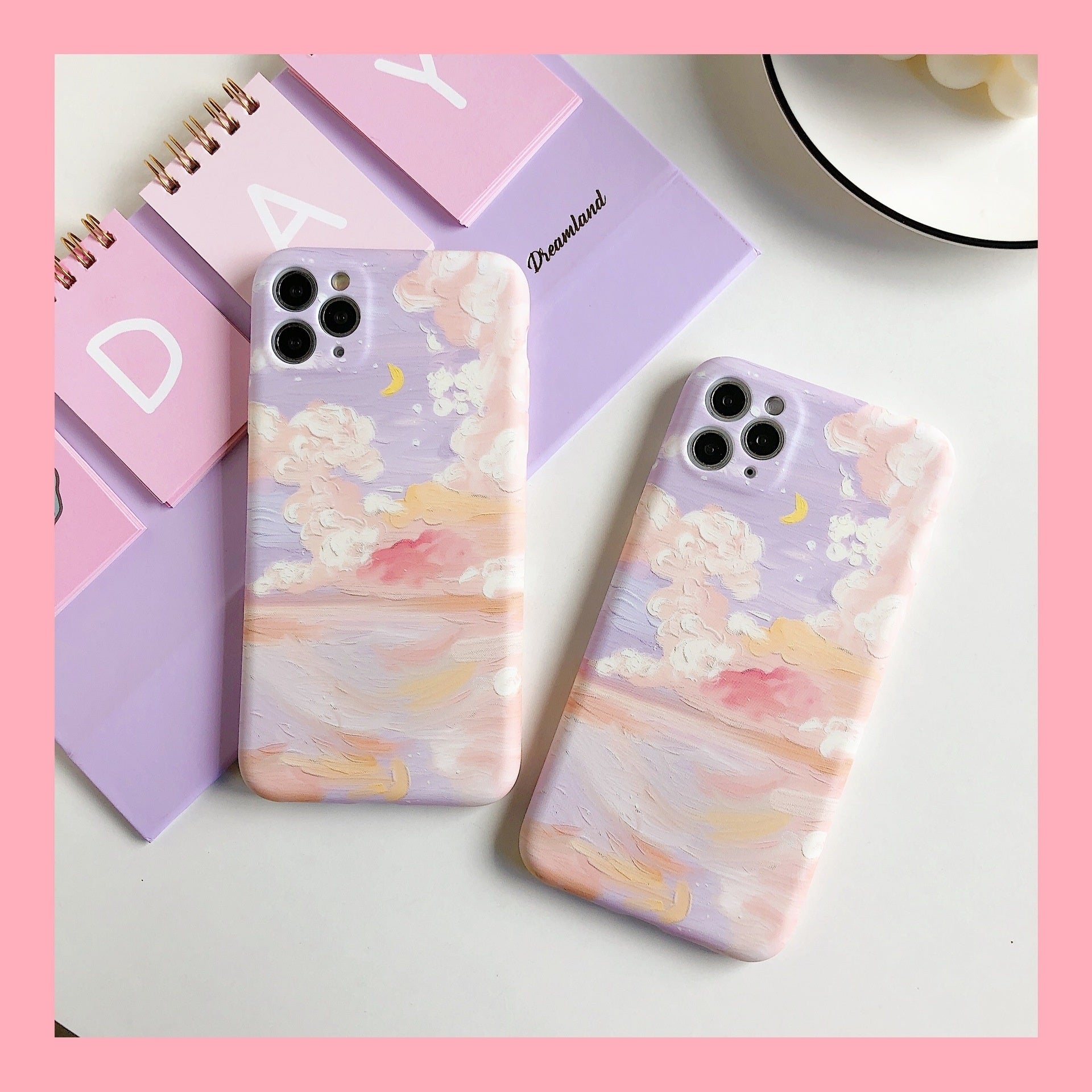 Painted pink clouds for 13/14ProMax Apple XS/XR phone case iPhone 11 soft shell 12 Korean style - Mountain Lakes Mall