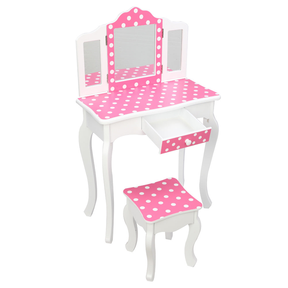 Wooden Vanity Set with Tri-Fold Mirror and Chair Table & Stool Set, Pink/White  YJ - Mountain Lakes Mall