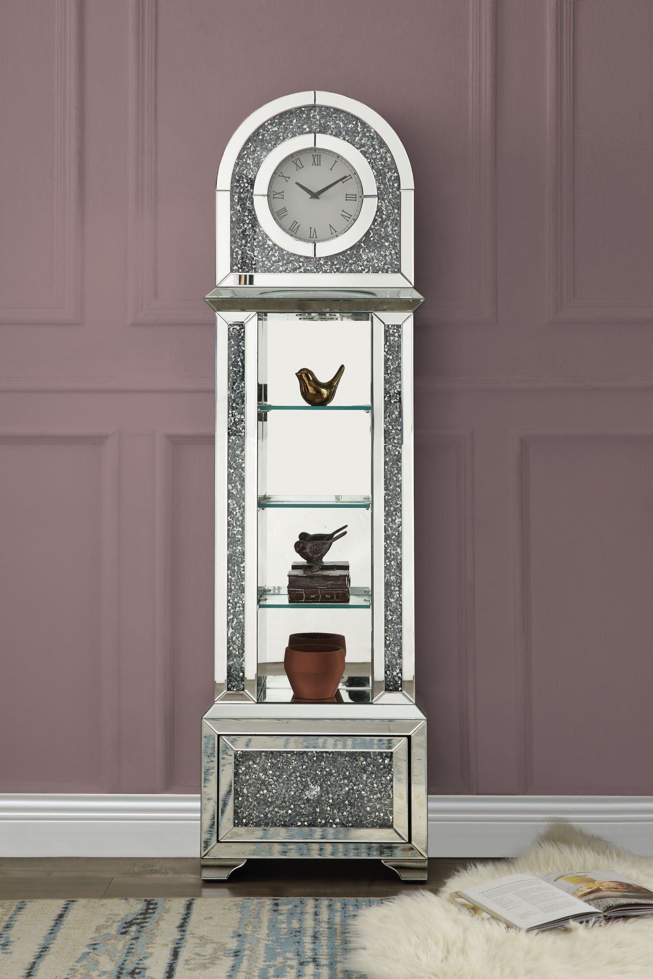 ACME Noralie GRANDFATHER CLOCK W/LED Mirrored & Faux Diamonds AC00353 - Mountain Lakes Mall