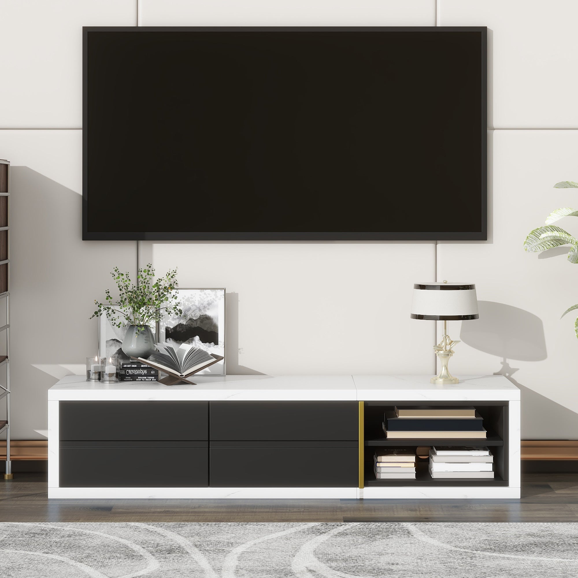 U-Can 51''-98.4'' Modern Extendable TV Stand for TVs up to 90 Inches, Entertainment Center Media Console Corner Console with 2 Drawers and 4 Shelves for Living room, White & Black - Mountain Lakes Mall