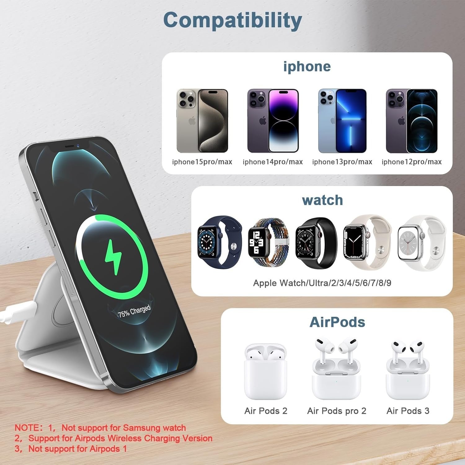 3 in-1 Wireless Charging Pad Magnetic Foldable Charger Station Fast Travel Charger for Multiple Devices Adapt with Phone, Watch Series, Pods 3/2(Adapter not Included) - Mountain Lakes Mall