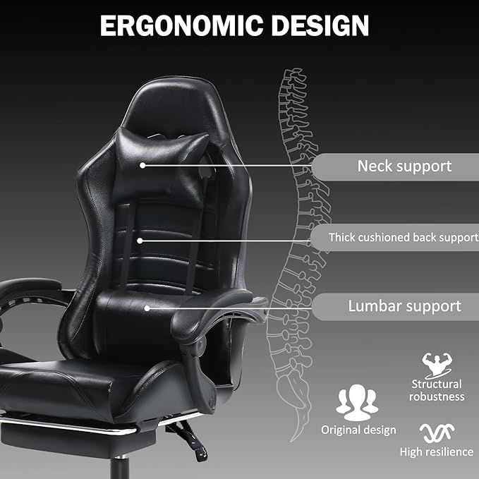 Ergonomic Gaming Chair for Adults, Comfortable Computer Chair for Heavy People, Adjustable Height Office Desk Chair with Wheels, Breathable Leather Video Game Chairs - Mountain Lakes Mall