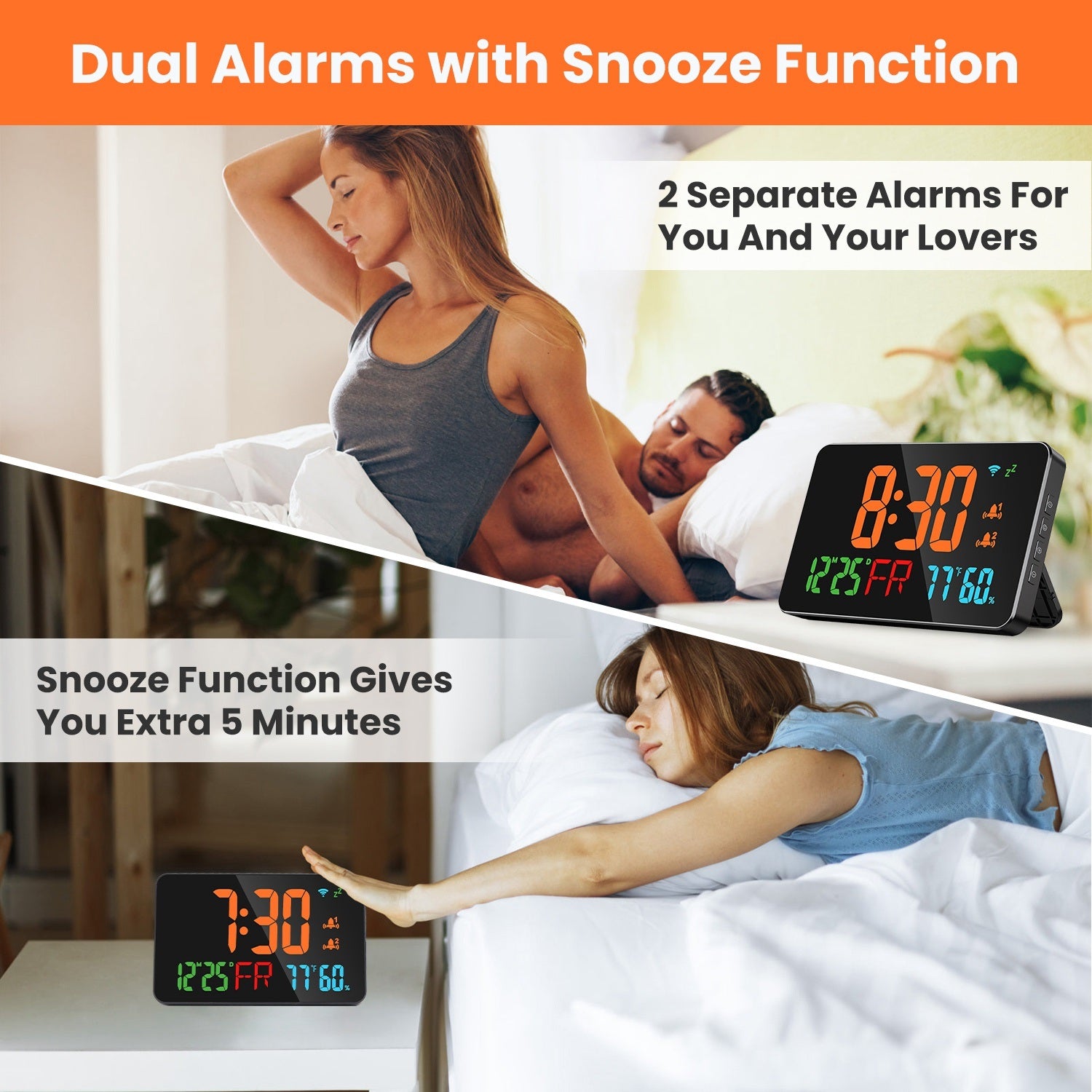 WiFi Auto Set Alarm Clock LED Digital Clock With 2 Alarm Setting Snooze 4 Brightness Levels Auto Light Sensing Temperature Humidify Monitor App Control - Mountain Lakes Mall