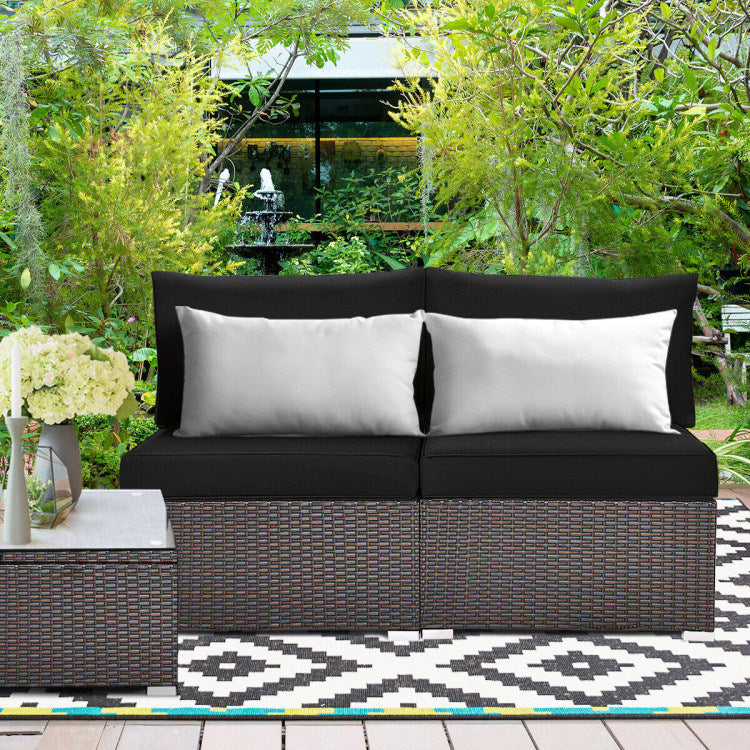 2 Pieces Patio Rattan Armless Sofa Set with 2 Cushions and 2 Pillows - Mountain Lakes Mall