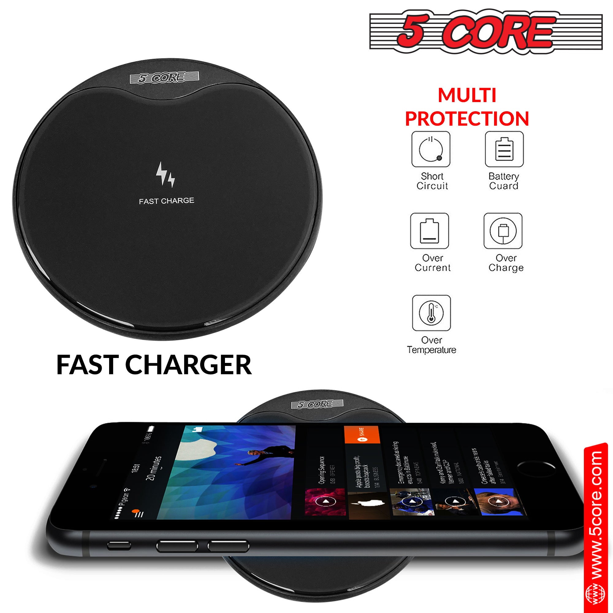 5 Core Wireless Charger, 15W Qi-Certified Max Fast Wireless Charging - Mountain Lakes Mall