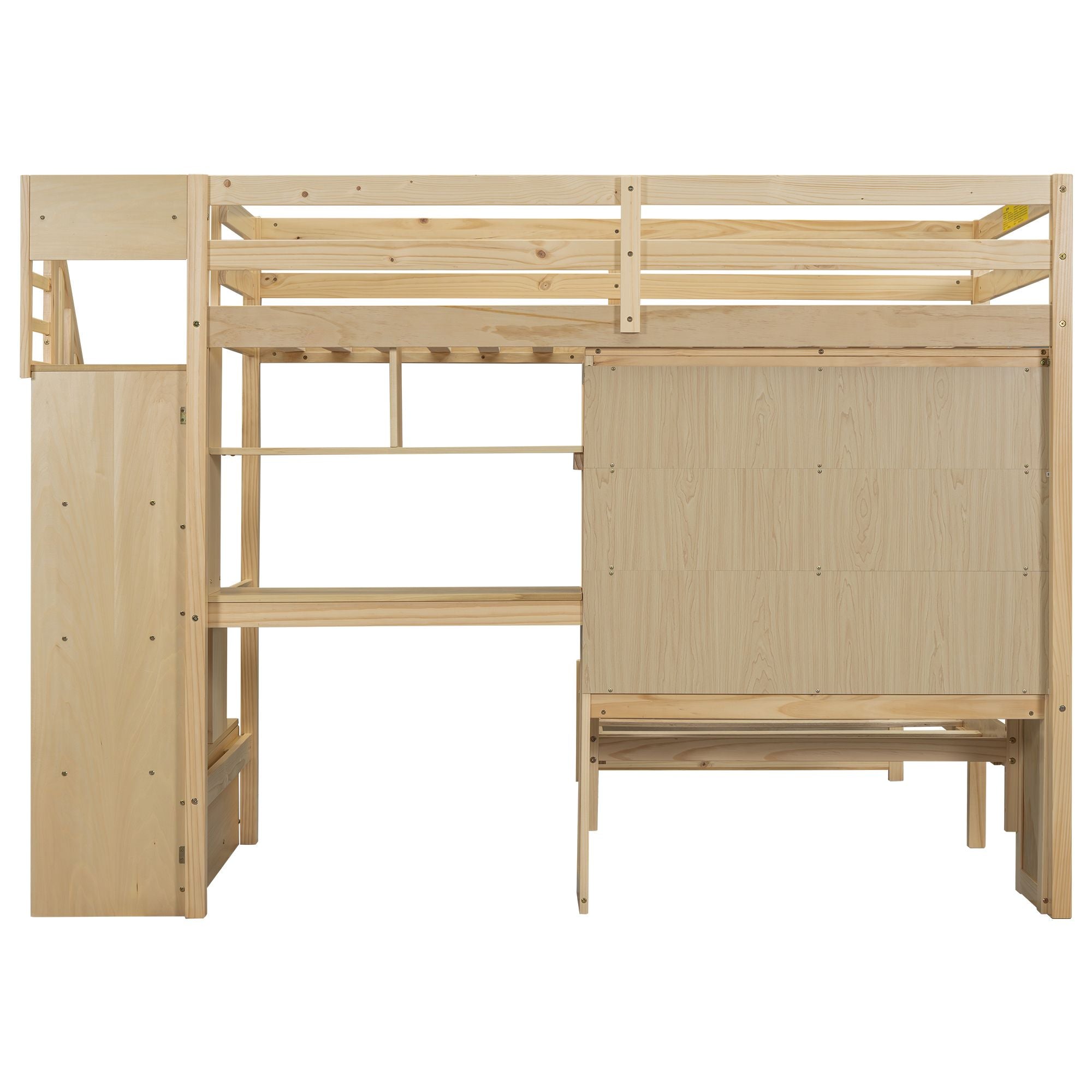 Twin over Twin Loft Bed with Built-in Desk and Staircase, With Storage Compartments and Shelves, Natural