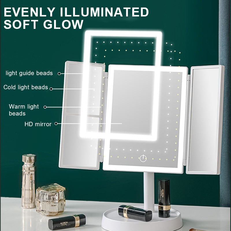 360° Adjust Foldable Makeup Mirror With LED Light Rechargeable Wireless 1-3X Magnifying 3 Tone Light Desktop Vanity Mirror Table - Mountain Lakes Mall