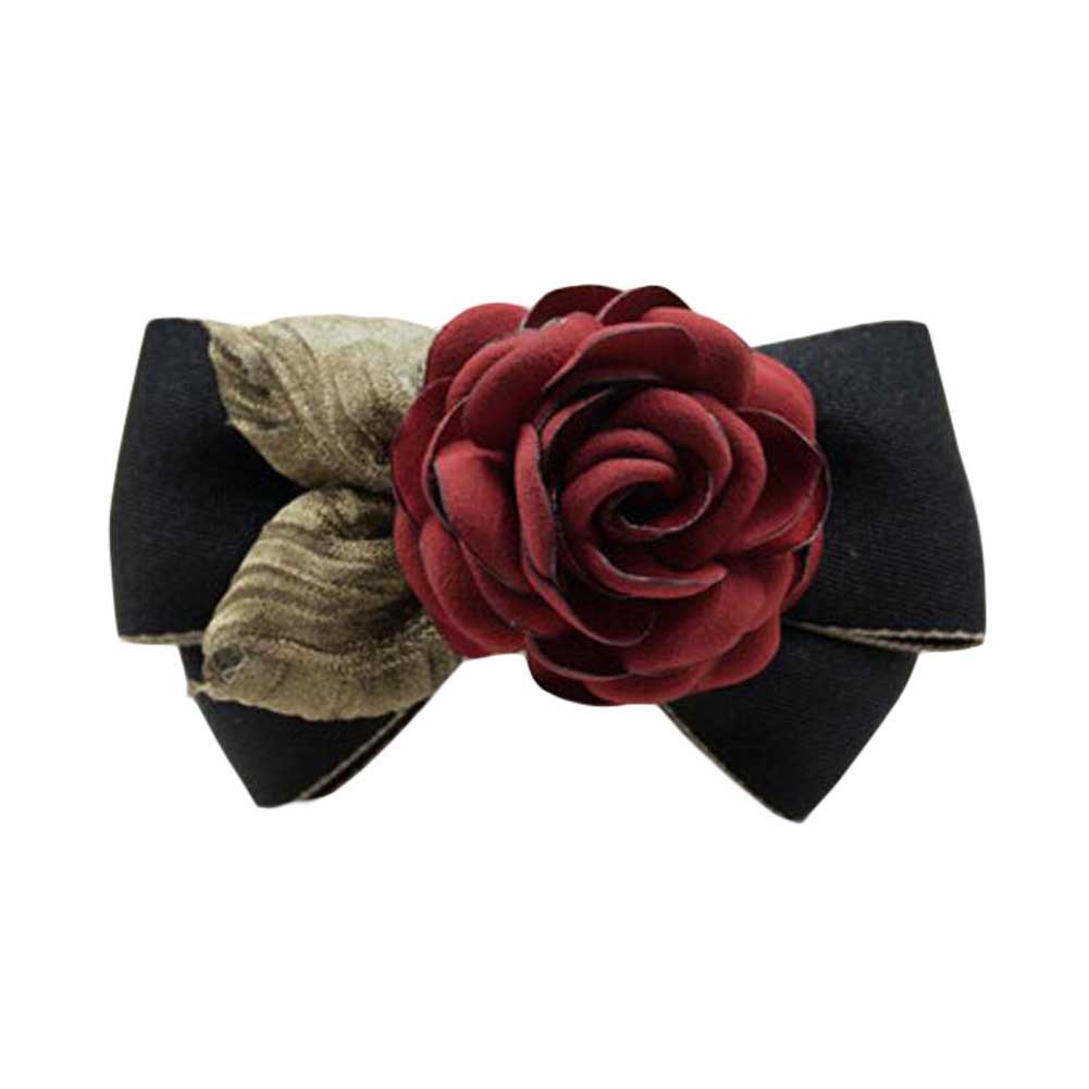 Artificial Red Rose Flower Cloth Hair Pin Handmade Bowknot Hair Barrettes; Black - Mountain Lakes Mall