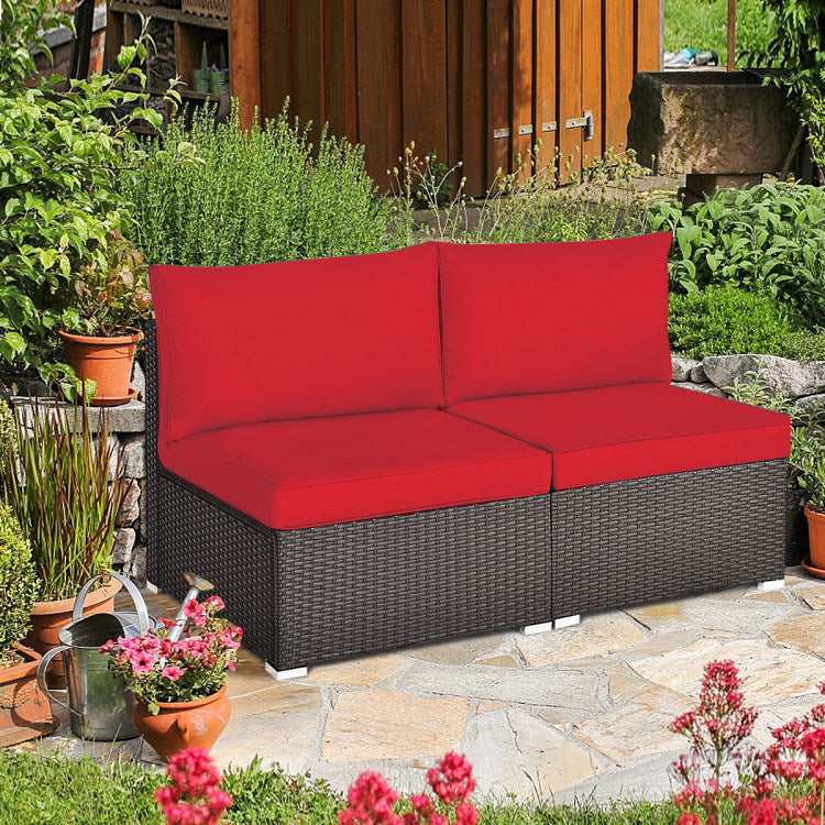 2 Pieces Patio Rattan Armless Sofa Set with 2 Cushions and 2 Pillows - Mountain Lakes Mall