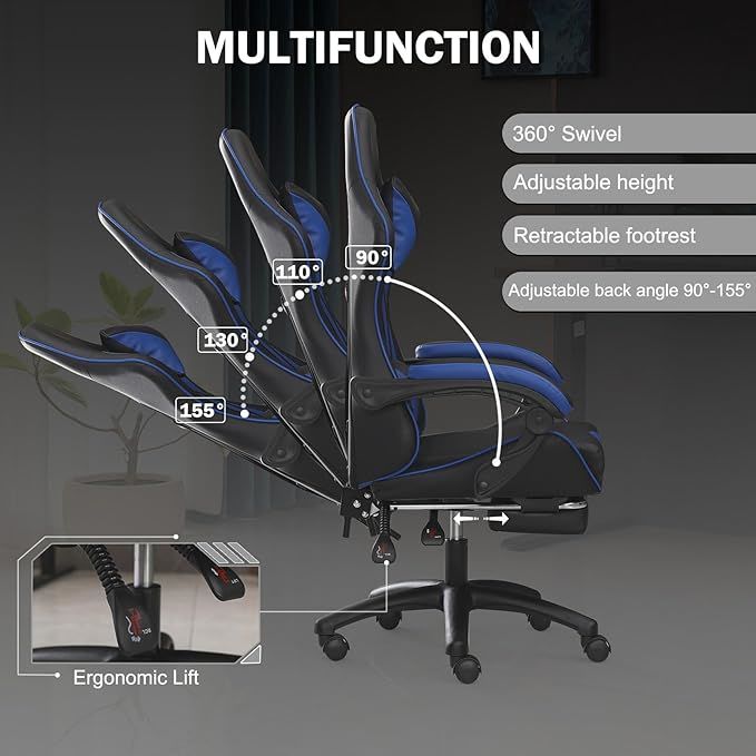 Ergonomic Gaming Chair for Adults, Comfortable Computer Chair for Heavy People, Adjustable Height Office Desk Chair with Wheels, Breathable Leather Video Game Chairs - Mountain Lakes Mall