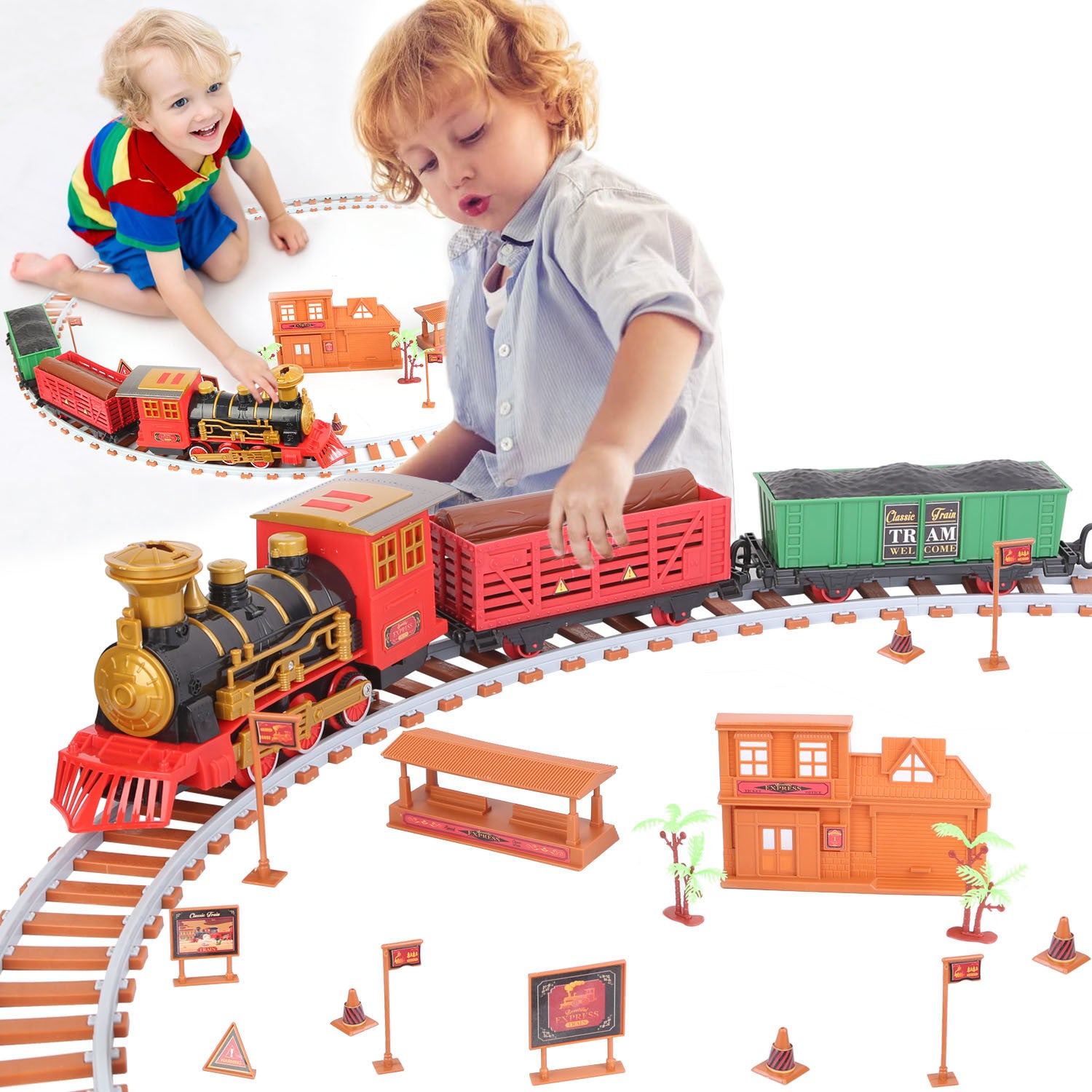 193Pcs Electric Train Set Steam Locomotive Passenger Coach Coal Car Battery Powered - Mountain Lakes Mall