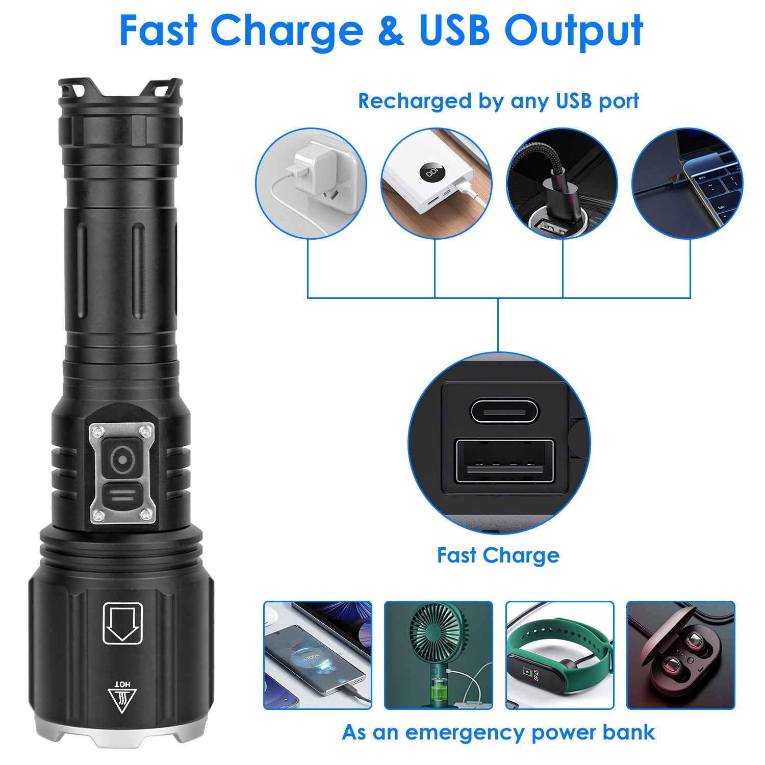 Super Bright LED Flashlight Waterproof Rechargeable Zoomable Tactical Torch Light Emergency Power Bank Support 3 Battery Types - Mountain Lakes Mall