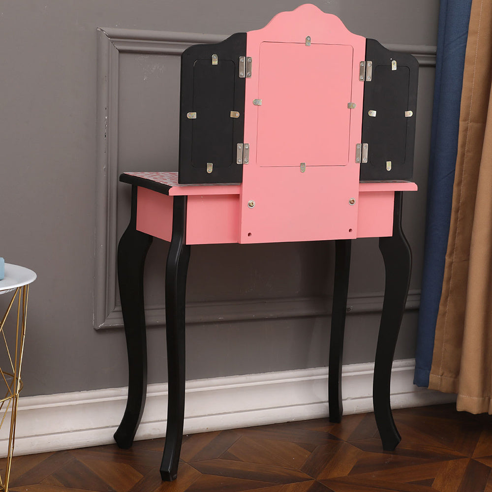 Kids Gisele Leopard Print Wooden Vanity Set with Tri-Fold Mirror Table and Chair, Pink/Black, - Mountain Lakes Mall