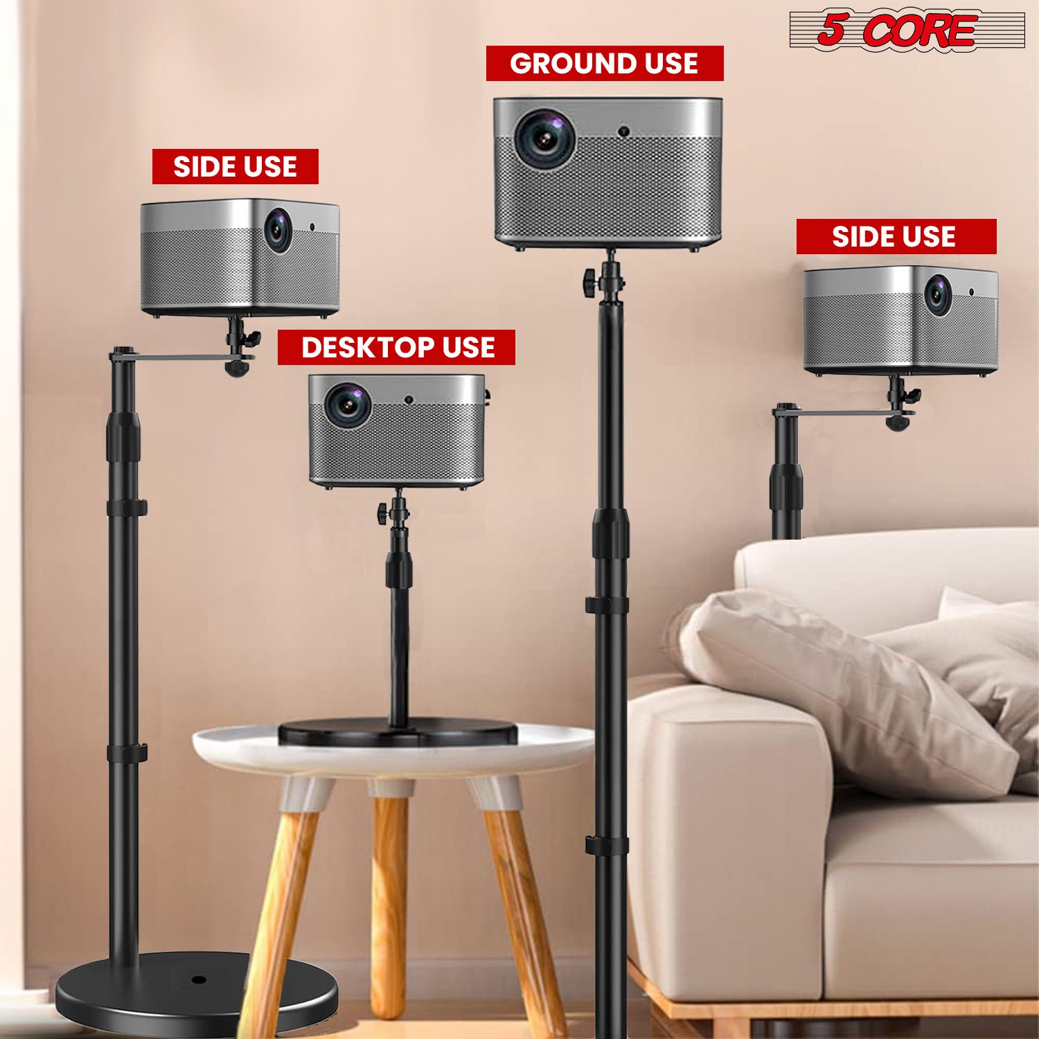 Projector Stand Height adjustable 28"-52" Tall Floor Stands w 3 Mounting Options 360° Rotatable Ball Head Heavy Duty Multipurpose Soporte Para Proyector for Home Office 5 Core PS FLR RB BLK - Mountain Lakes Mall