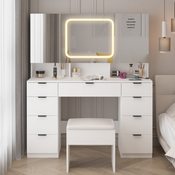 Large Vanity Table Set with 3 Opening Mirrors and LED Lights, Vanity Table with Full Storage Behind Mirror, Makeup Table with Drawers and Storage Shelves, Cushioned Stool for Bedroom, White