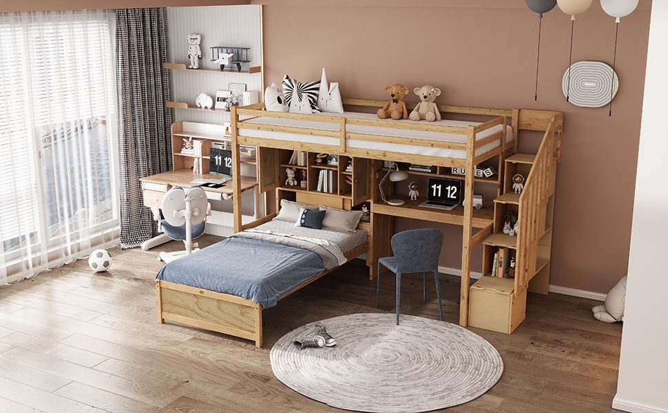 Twin over Twin Loft Bed with Built-in Desk and Staircase, With Storage Compartments and Shelves, Natural