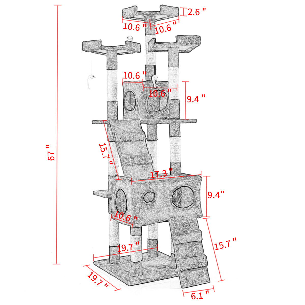 67'' Multi-Level Cat Tree Tower, Kitten Condo House with Scratching Posts, Kitty Play Activity Center, Gray XH - Mountain Lakes Mall