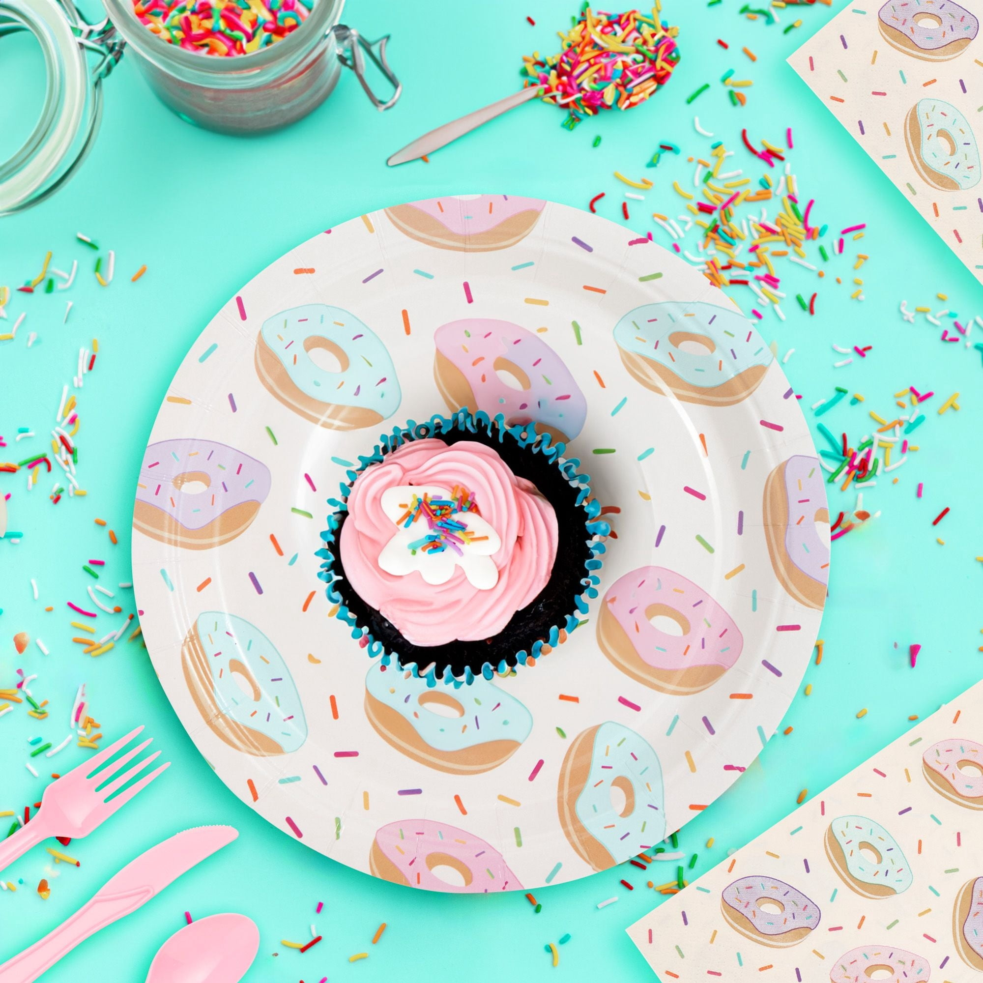 144 Piece Donut Grow Up Party Supplies - Serves 24 Sprinkle Paper Plates, Napkins, Cups and Cutlery for Two Sweet Birthday Decorations - Mountain Lakes Mall