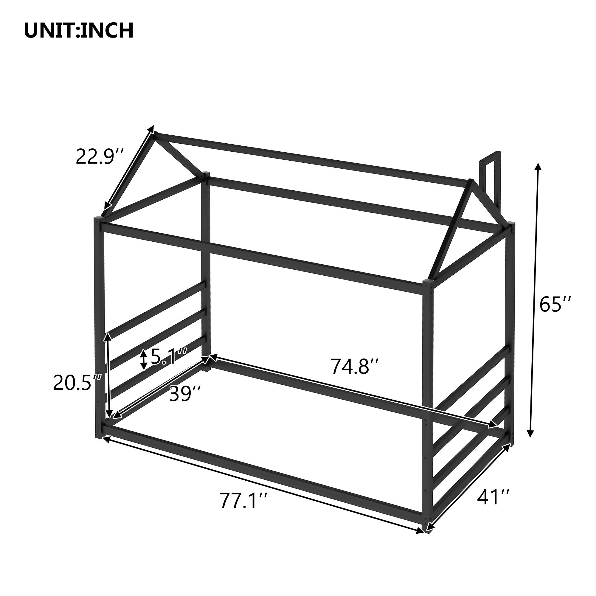 House Platform Bed with Roof and Chimney Design,Black