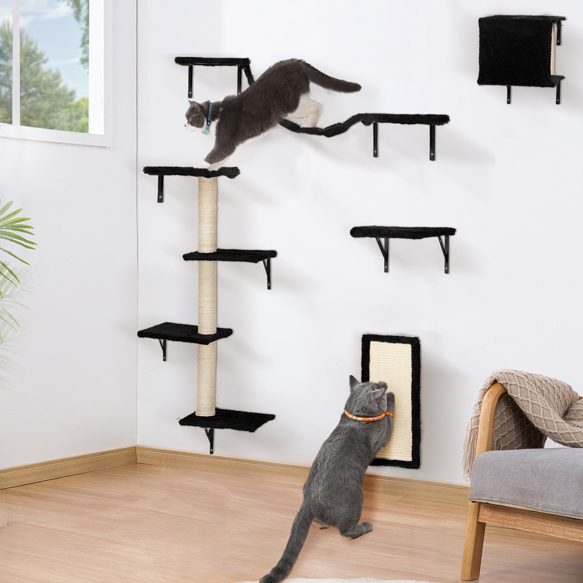 5 Pcs Wall Mounted Cat Climber Set;  Floating Cat Shelves and Perches;  Cat Activity Tree with Scratching Posts;  Modern Cat Furniture - Mountain Lakes Mall