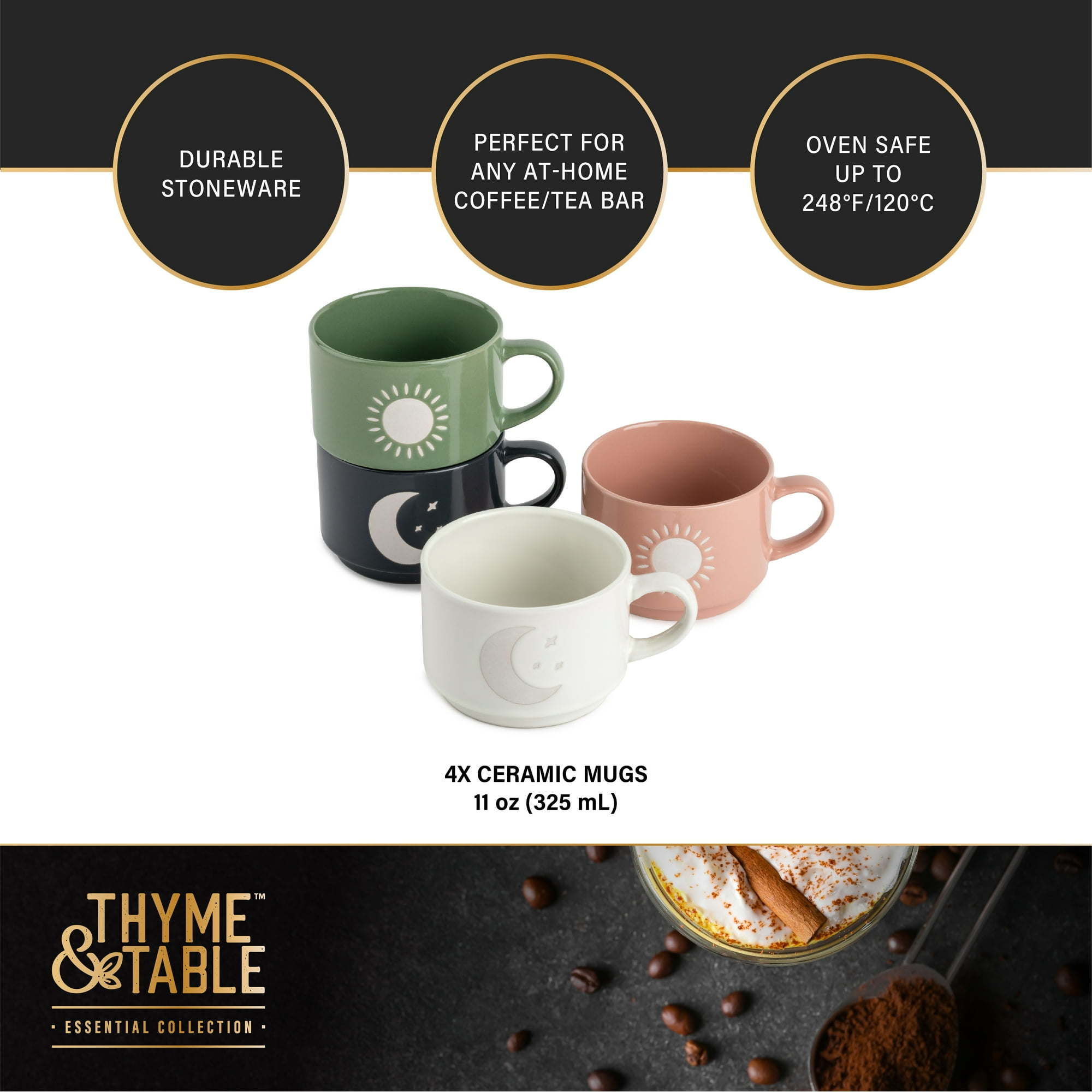 Thyme & Table Stackable Ceramic Coffee Mug, 11 fl oz, 4 Pack - Mountain Lakes Mall