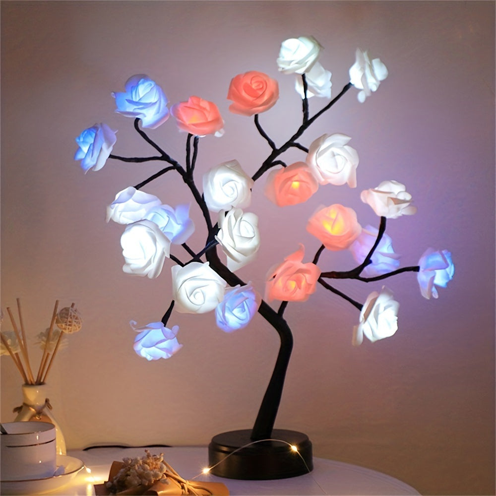 1pc, 24 LED RGB 16 Colors Rose Tree Night Light Battery And USB Plug Operated Rose Flower Fairy Lights Remote Control Mini Christmas Tree Table Lamp For Gift Indoor - Mountain Lakes Mall