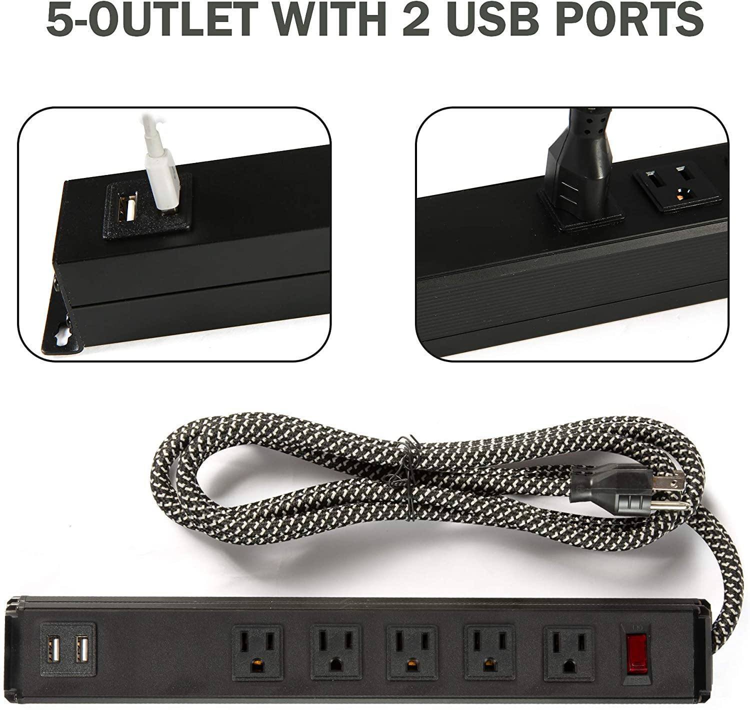 Power Strip 2PCS Surge Protector 5-Outlet with 2 USB Ports(5V/2.4A); 6ft Heavy-Duty Braided Extension Cords - Mountain Lakes Mall