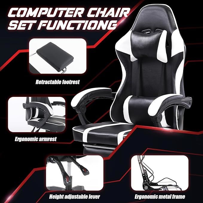 Video Game Chairs for Adults, PU Leather Gaming Chair with Footrest, 360°Swivel Adjustable Lumbar Pillow Gamer Chair, Comfortable Computer Chair for Heavy People - Mountain Lakes Mall