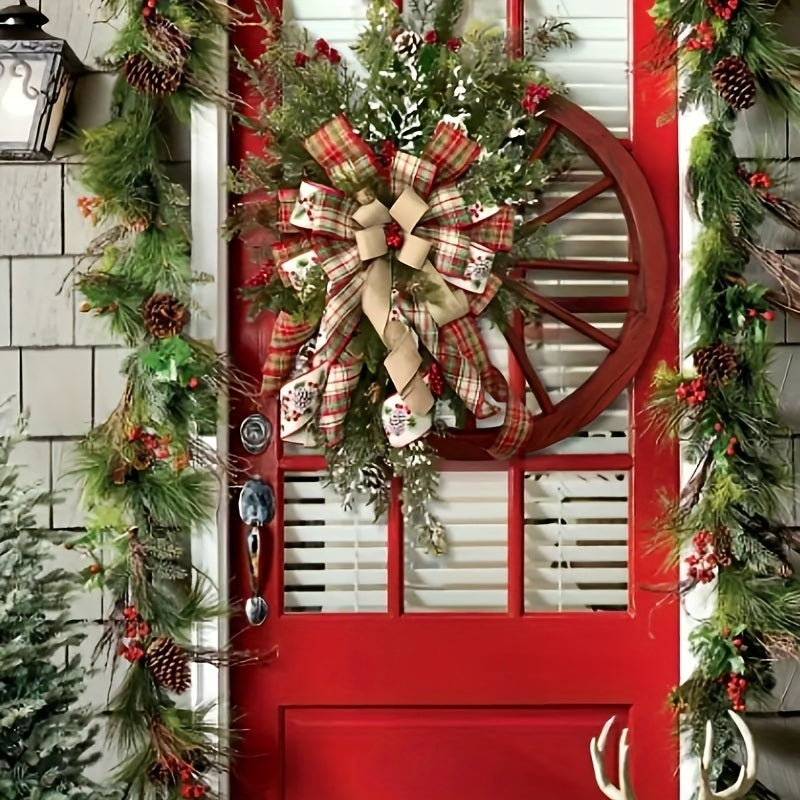 1pc Christmas Red Wagon Wheel Wreath, Front Door Reusable Vintage Xmas Garland, Artificial Flower Funny Outdoor Indoor Xmas Tree Decor - Mountain Lakes Mall