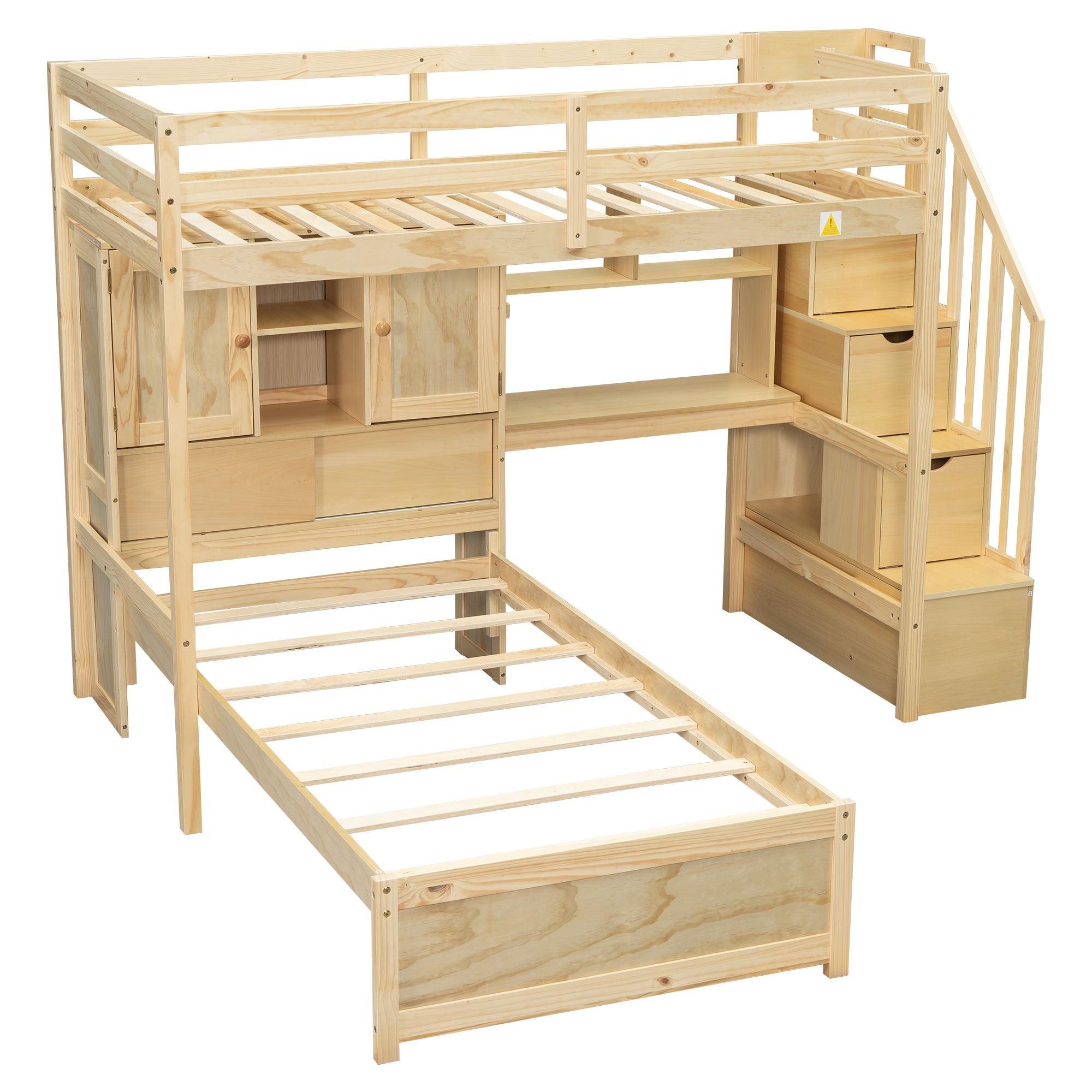 Twin over Twin Loft Bed with Built-in Desk and Staircase, With Storage Compartments and Shelves, Natural