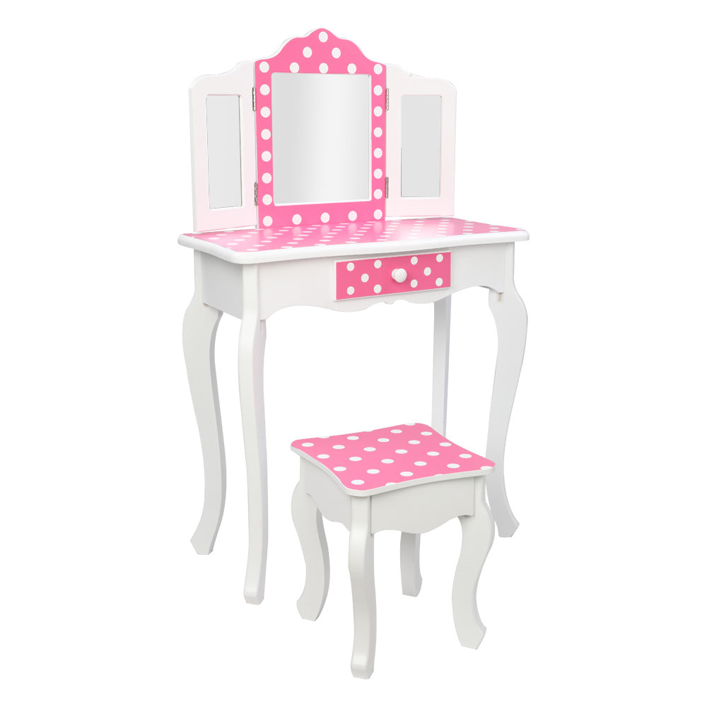 Wooden Vanity Set with Tri-Fold Mirror and Chair Table & Stool Set, Pink/White  YJ - Mountain Lakes Mall