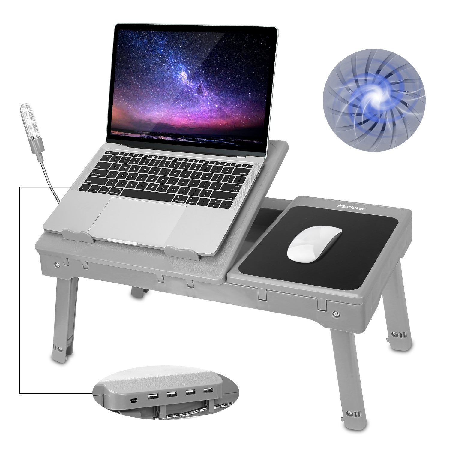 Foldable Laptop Table Bed Notebook Desk with Cooling Fan Mouse Board LED light 4 xUSB Ports Breakfast Snacking Tray - Mountain Lakes Mall