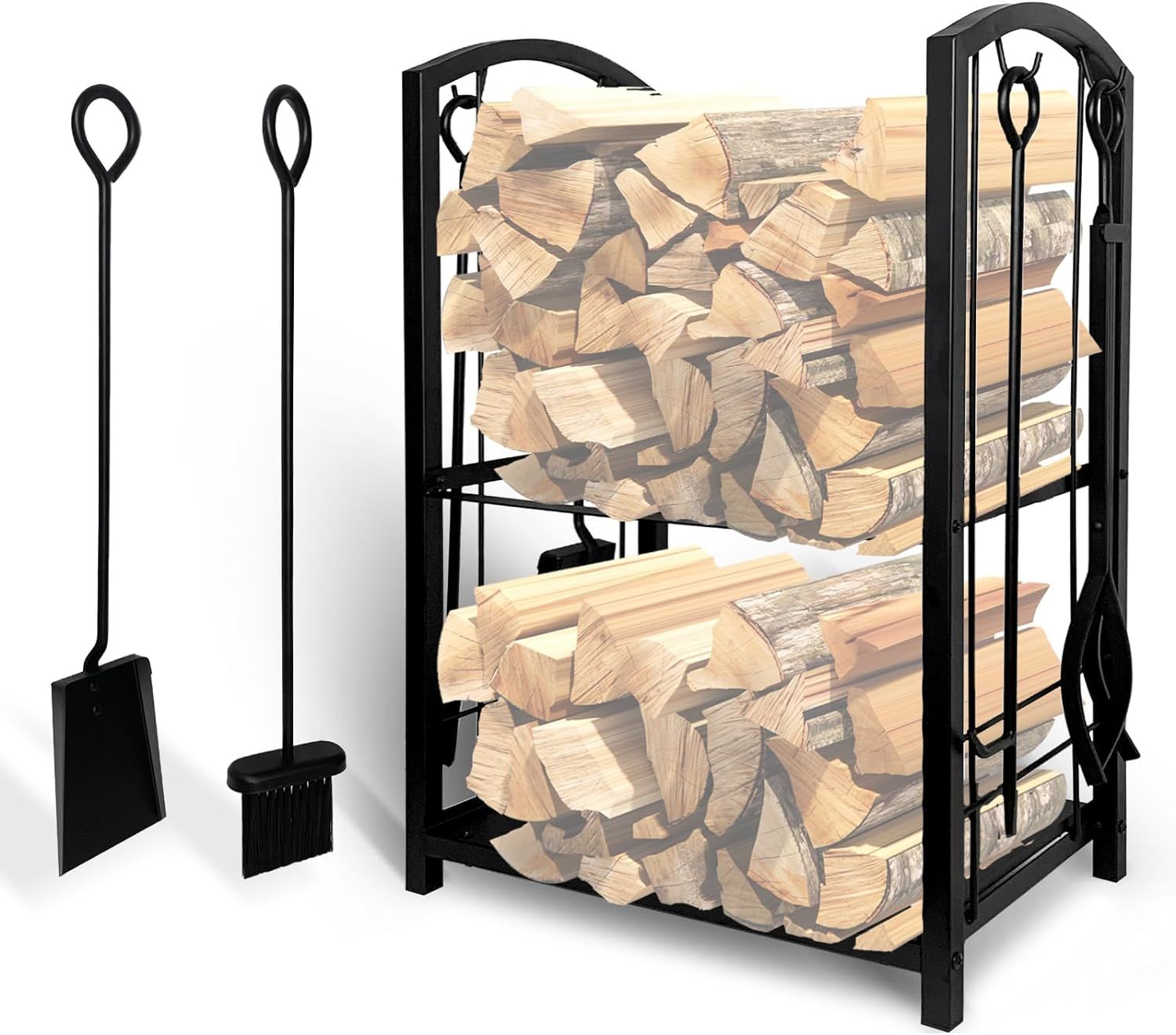 Indoor Firewood Rack with 4-Piece Fireplace Tools Set, 2-Layer Firewood Rack and Fireplace Accessories, Wood Stove Metal Firewood Stand with Fireplace Cutlery for Wood Storage, Black, 45 x 30 - Mountain Lakes Mall