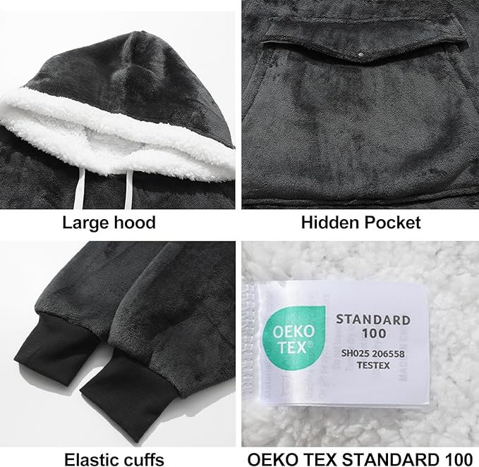 Qeils Oversized Wearable Blanket Hoodie, Comfy Sherpa Sweatshirt Pullover Jacket (Large Pocket, Dark Grey, Adult) - Mountain Lakes Mall