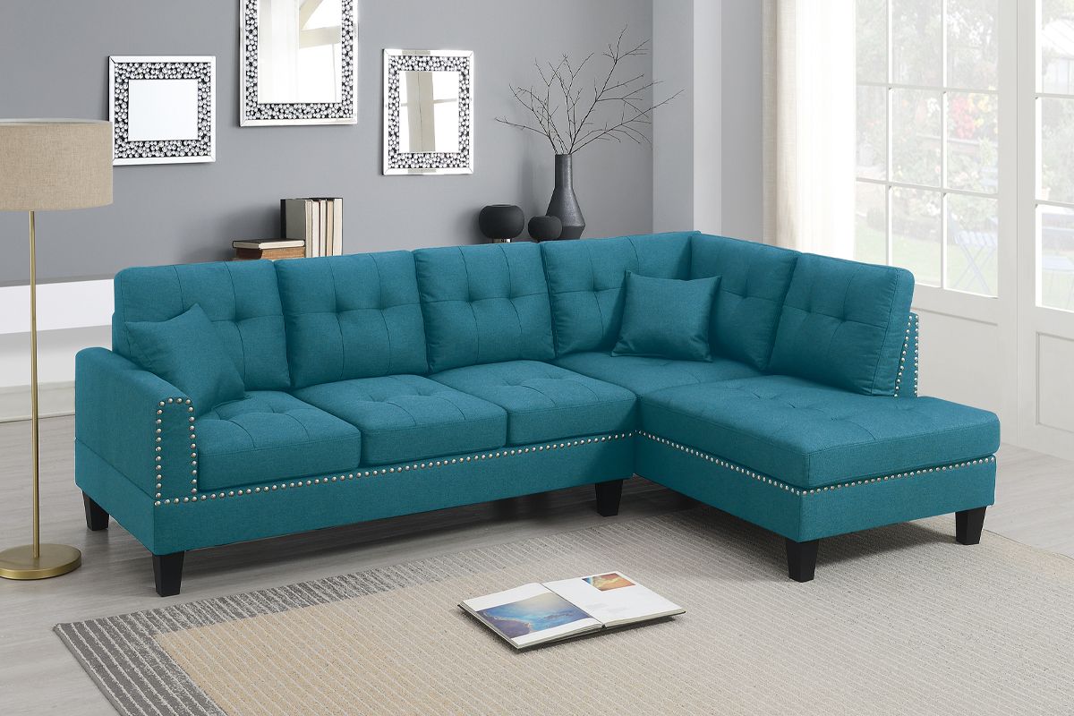 2-PCS SECTIONAL SET Living Room Furniture LAF Sofa And RAF Chaise Azure / Blue Color Linen Like Fabric Tufted Couch