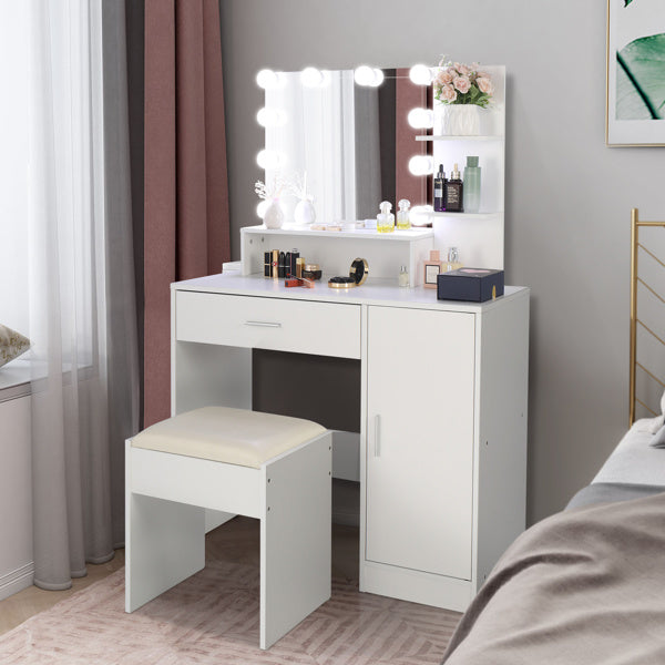 FCH Large Vanity Set with 10 LED Bulbs, Makeup Table with Cushioned Stool, 3 Storage Shelves 1 Drawer 1 Cabinet, Dressing Table Dresser Desk for Women, Girls, Bedroom, White - Mountain Lakes Mall