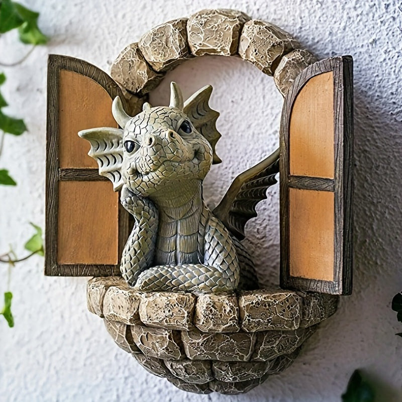 1pc Resin Dragon Sculpture, Window Front Dragon Statue, Fairy Garden Decoration, Wall Hanging For Outdoor Indoor Garden Yard Porch Balcony Patio Decor - Mountain Lakes Mall