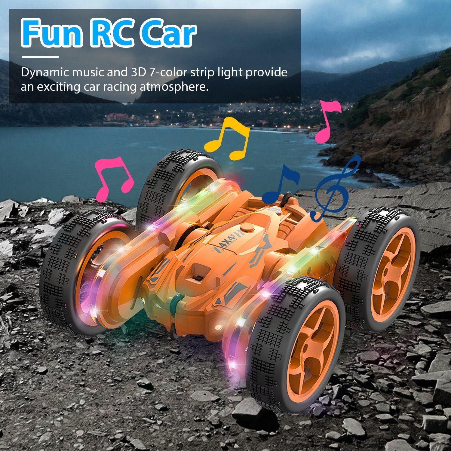 Kid Driving RC Stunt Car 7 Color Strip Light Dynamic Music Swing Arm Double-sided Rolling Remote Control Car Off Road - Mountain Lakes Mall