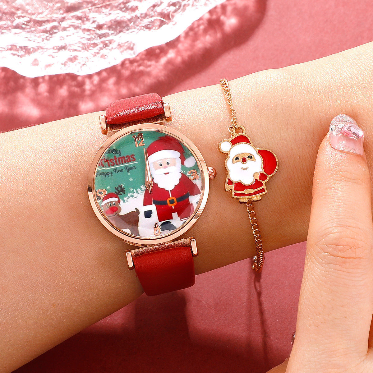 2pcs Christmas Santa Dial Women's Fashion Watch Bracelet Watches Set Ladies Leather Band Quartz Wristwatch(No Box) - Mountain Lakes Mall