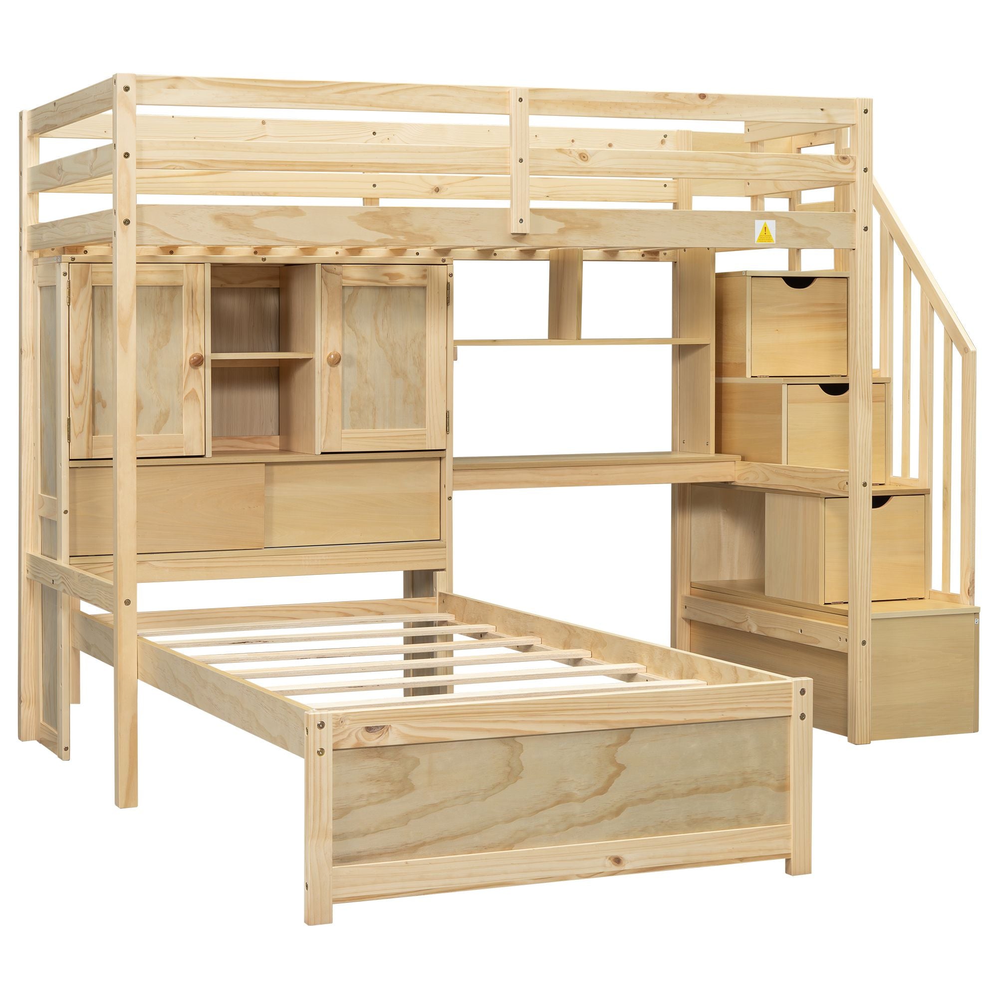 Twin over Twin Loft Bed with Built-in Desk and Staircase, With Storage Compartments and Shelves, Natural